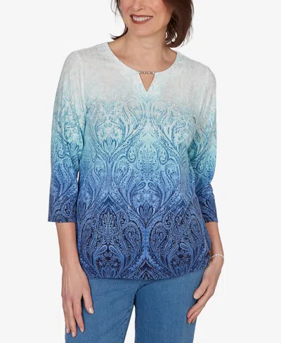 Alfred Dunner Petite Ombre Medallion Knit Top In Blue