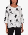 ALFRED DUNNER PETITE OPPOSITES ATTRACT BLACK WHITE GEOMETRIC TOP