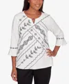ALFRED DUNNER PETITE OPPOSITES ATTRACT EMBROIDERED LEAF TOP