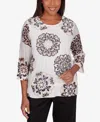 ALFRED DUNNER PETITE OPPOSITES ATTRACT MEDALLION TEXTURED TOP