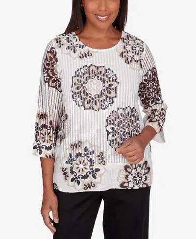 Alfred Dunner Petite Opposites Attract Medallion Textured Top In Multi