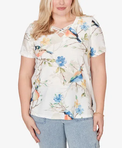 Alfred Dunner Petite Out Of The Blue Chickadees Embellished V-neck T-shirt In Multi