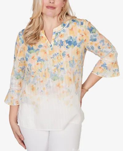 Alfred Dunner Petite Out Of The Blue Falling Floral Three-quarter-sleeve Top In Multi