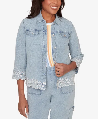 Alfred Dunner Petite Out Of The Blue Floral Embroidered Scallop Trim Collared Jacket