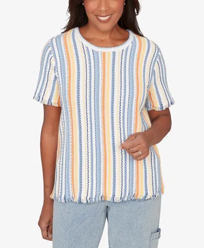 Alfred Dunner Petite Out Of The Blue Textured Fringe Stripe Short-sleeve T-shirt In Multi