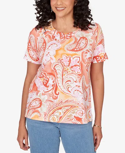Alfred Dunner Petite Paisley Beaded Neck Pleated Top In Orange