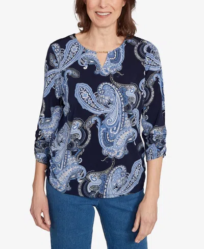 Alfred Dunner Petite Paisley Foil Top In Blue
