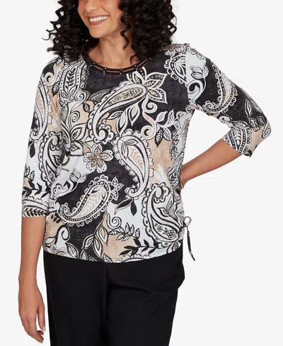 Alfred Dunner Petite Paisley Neutrals Knit Top In Black