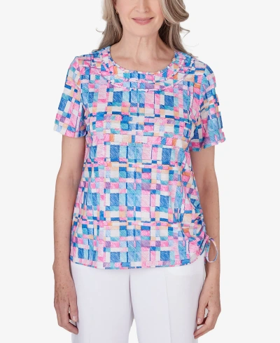 Alfred Dunner Plus Size Paradise Island Geometric Top With Braided Neckline In Multi