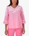 ALFRED DUNNER PETITE PARADISE ISLAND V-NECK EMBROIDERED TOP