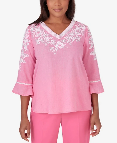 Alfred Dunner Petite Paradise Island V-neck Embroidered Top In Peony