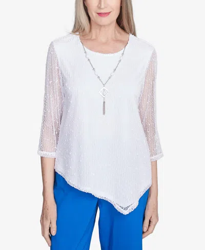 Alfred Dunner Petite Parrot Cay Popcorn Mesh Top With Necklace In White