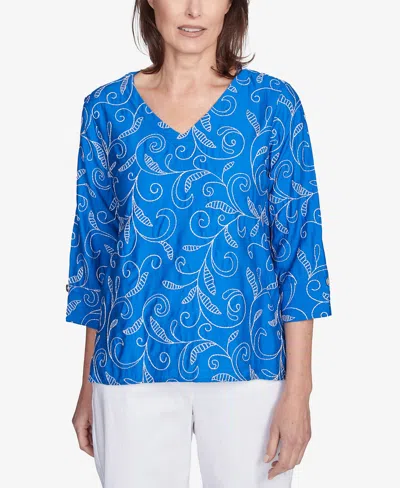 ALFRED DUNNER PETITE PARROT CAY SCROLL EMBROIDERED CUFF SLEEVE TOP