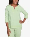 Alfred Dunner Plus Size Parrot Cay Solid Split Neck Lace Trim Top In Palm Green