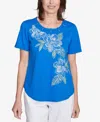 Alfred Dunner Plus Size Parrot Cay Tropical Floral Embroidered T-shirt In Cobalt Blue
