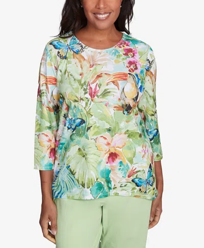 ALFRED DUNNER PETITE PARROT CAY TROPICAL TOUCAN CREW NECK TOP