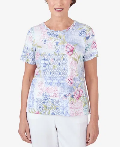 Alfred Dunner Petite Patchwork Floral Braided Neck Tee In Pastel