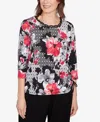 Alfred Dunner Petite Patchwork Floral Top In Red