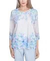Alfred Dunner Plus Size St. Thomas Textured Sky Blue Floral Border Top In Multi