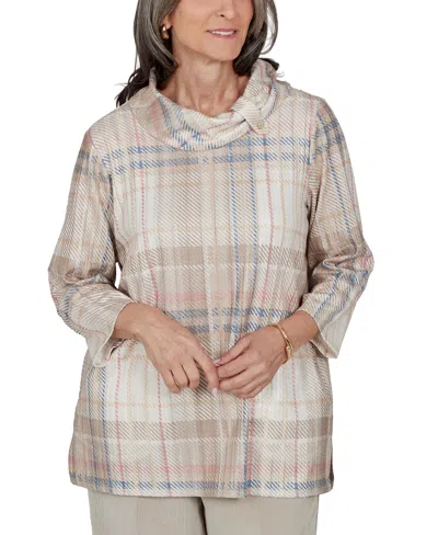 Alfred Dunner Petite Plaid Cowl Neck 3/4-sleeve Tunic Top In Multi