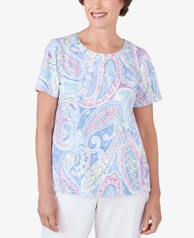 Alfred Dunner Petite Pleated Crew Neck Paisley Short Sleeve Tee In Pastel