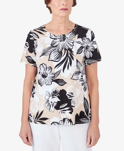 Alfred Dunner Petite Pleated Neck Bold Floral Short Sleeve Tee In Black,tan