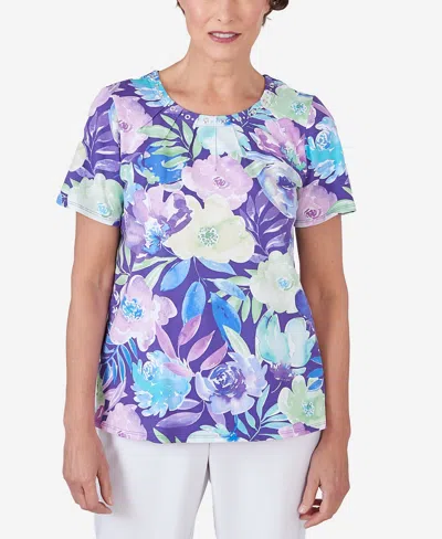 Alfred Dunner Petite Pleated Neck Floral Short Sleeve Tee In Bright