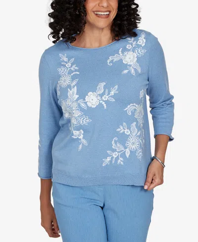 Alfred Dunner Petite Provence Lacey Floral Embroidered Sweater In Blue