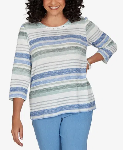 Alfred Dunner Petite Provence Textured Biadere Stripe Knit Top In Blue