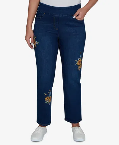 Alfred Dunner Petite Pull-on Straight Floral-embroidery Denim Jeans In Indigo