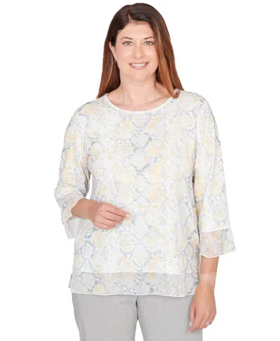 Alfred Dunner Petite Python Printed Knit Flutter-sleeve Crewneck Top In White