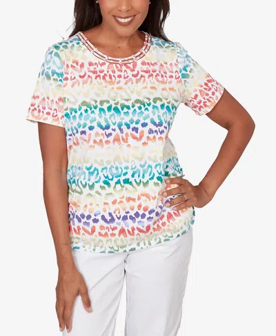 Alfred Dunner Petite Rainbow Print Beaded Neck Ruched Top In Multi