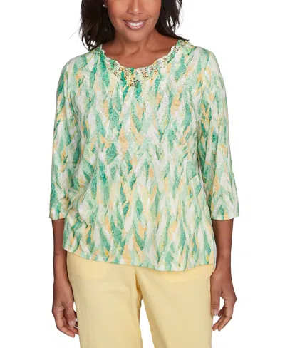 Alfred Dunner Petite Rise Shine Bright Textured Strokes Embellished Top In Lime Multi
