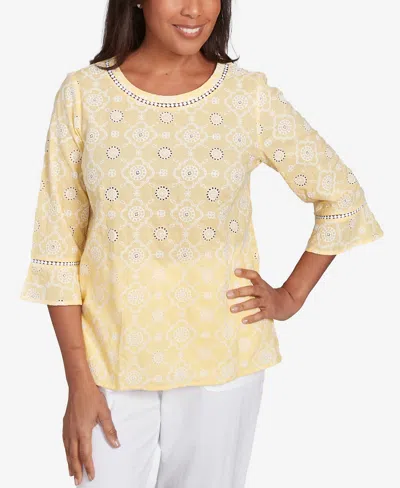 Alfred Dunner Petite Rise Shine Embroidered Floral Eyelet Bell Sleeve Top In Lemon