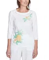 Alfred Dunner Petite Rise Shine Embroidered Pineapple Top In Multi White