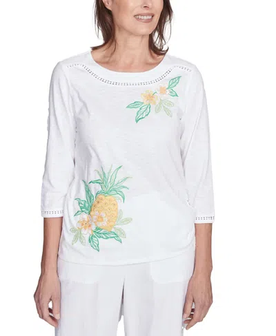 Alfred Dunner Petite Rise Shine Embroidered Pineapple Top In Multi White