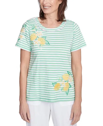 Alfred Dunner Petite Rise Shine Lemon Printed Striped Top In Lime