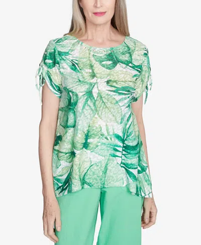 Alfred Dunner Petite Rise Shine Monotone Tropical Leaf Top In Lime