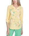 Alfred Dunner Petite Rise Shine Sunny Floral Embroidered Split Neck Top In Green