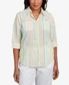 Alfred Dunner Petite Rise Shine Sunny Stripes Button Down Top In Lime Multi