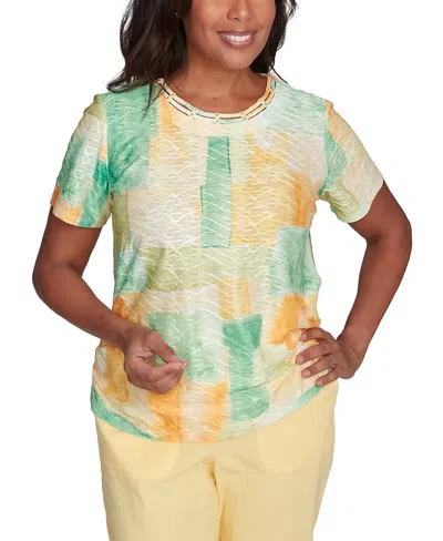 Alfred Dunner Petite Rise Shine Textured Patch Short Sleeve Top In Lemon Multi