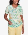 Alfred Dunner Petite Rise Shine Tropical Geometric Patchwork Top In Lime Multi