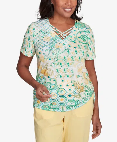 Alfred Dunner Petite Rise Shine Tropical Geometric Patchwork Top In Lime Multi