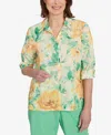 Alfred Dunner Plus Size Rise And Shine Watercolor Floral Tie Sleeve Button Down Top In Multi