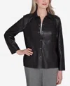 Alfred Dunner Petite Runway Ready Floral Embroidered Faux Leather Jacket In Black