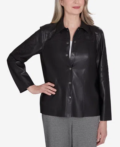 Alfred Dunner Petite Runway Ready Floral Embroidered Faux Leather Jacket In Black