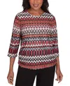 Alfred Dunner Petite Runway Ready Geometric Crewneck Ruched-side Top In Mured