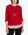 Alfred Dunner Runway Ready Women's Woven Chevron Top With Stripe Contrast In Red
