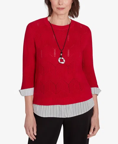 Alfred Dunner Runway Ready Women's Woven Chevron Top With Stripe Contrast In Red