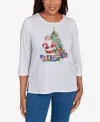 Alfred Dunner Petite Santa And Tree Print Top In Gray